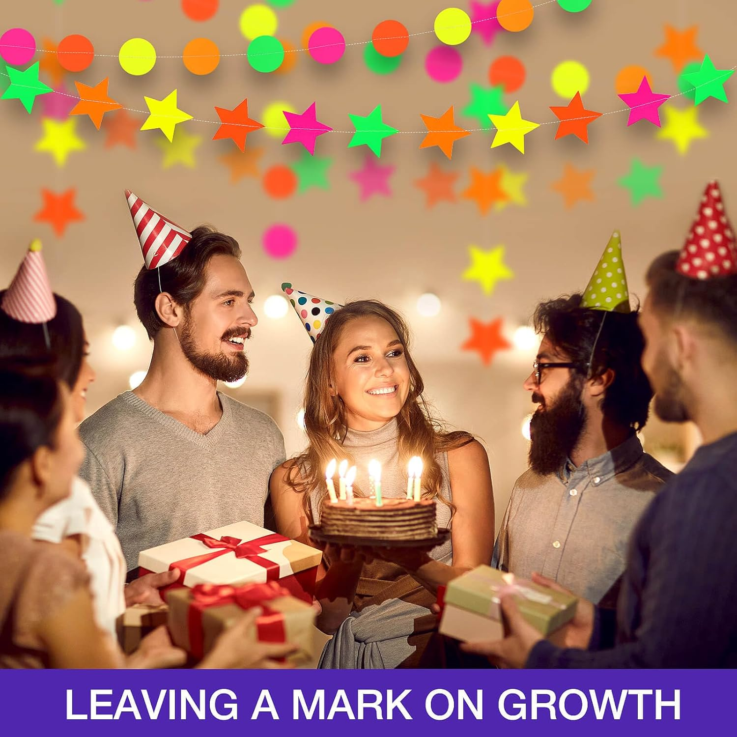 Dayker UV Neon round Garland, Star Paper Neon Streamers Banner, Reusable Blacklight Fluorescent Decorations Glow in the Dark Party, UV Reactive for Party Supplies Wedding Birthday Decor, Total 32.49Ft image number 3