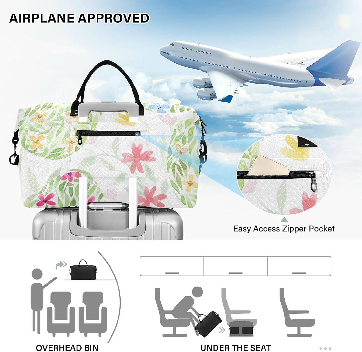 Large Travel Duffel Luggage Shoulder Weekender Overnight Bag Happy Easter Eggs Floral Ornament Sports Gym Tote Bag, Happy Easter Eggs Floral Ornament, Set of 2, Art Deco image number 1