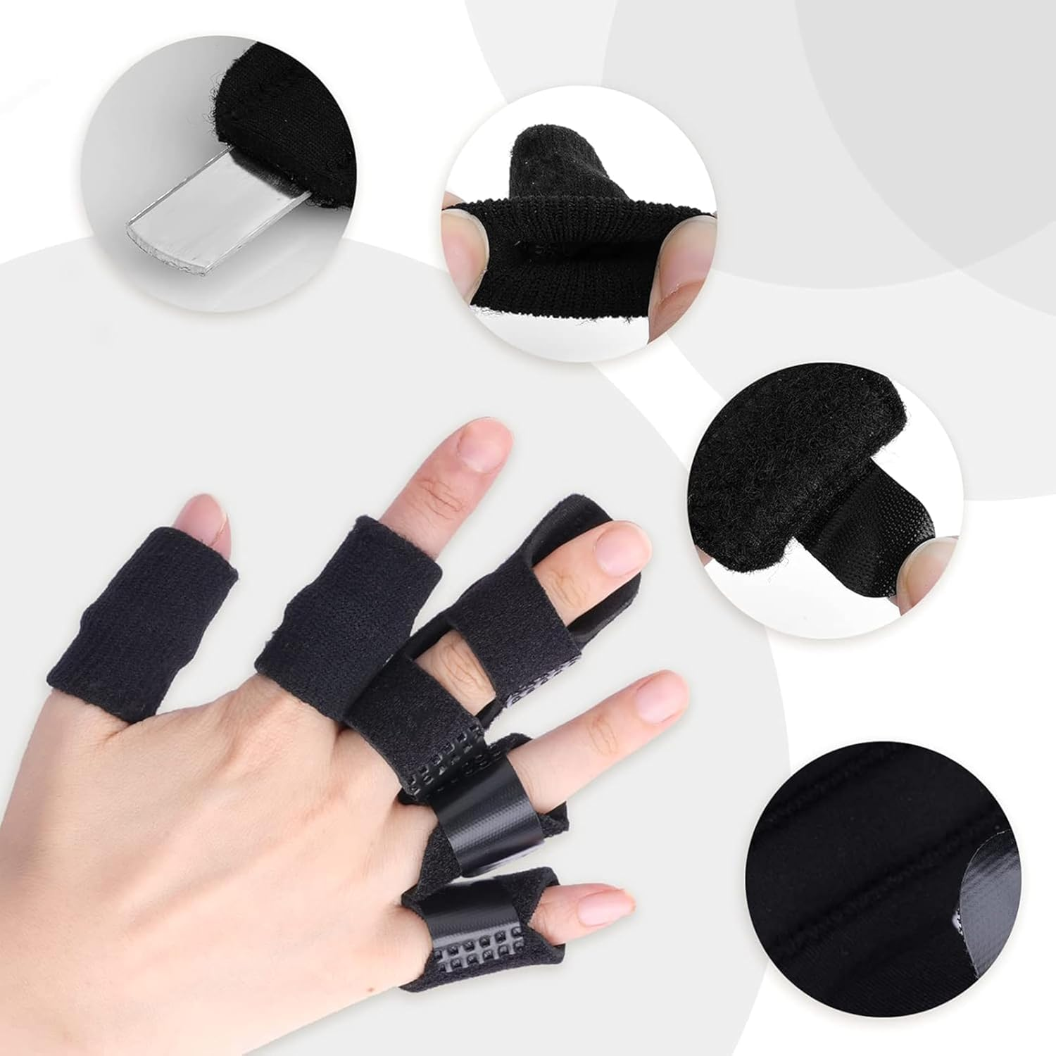 2 Pcs Trigger Finger Splint + 5 Pcs Finger Sleeves Set &ndash; 2 Sizes, Adjustable Compression Brace with Elastic Straps &ndash; Pain Relief & Stabilization for Middle, Ring, Index, Pinky & Thumb &ndash; Black (9 Pieces Total)