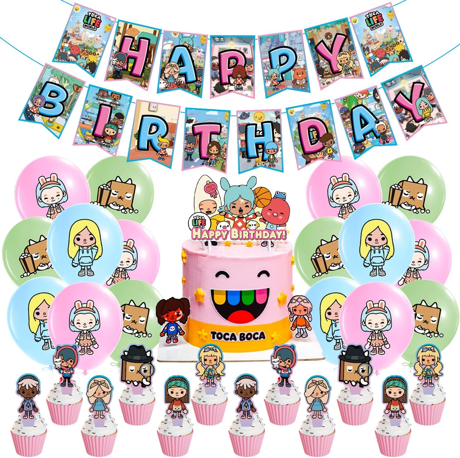Toca Life World Birthday Decorations Set, 32 Pieces, Balloon Latex Balloon, World Balloons, Happy Birthday Banner, Toca Life World Cake Decoration, Cupcake, Decorations for Children'S Birthday Parties image number 3