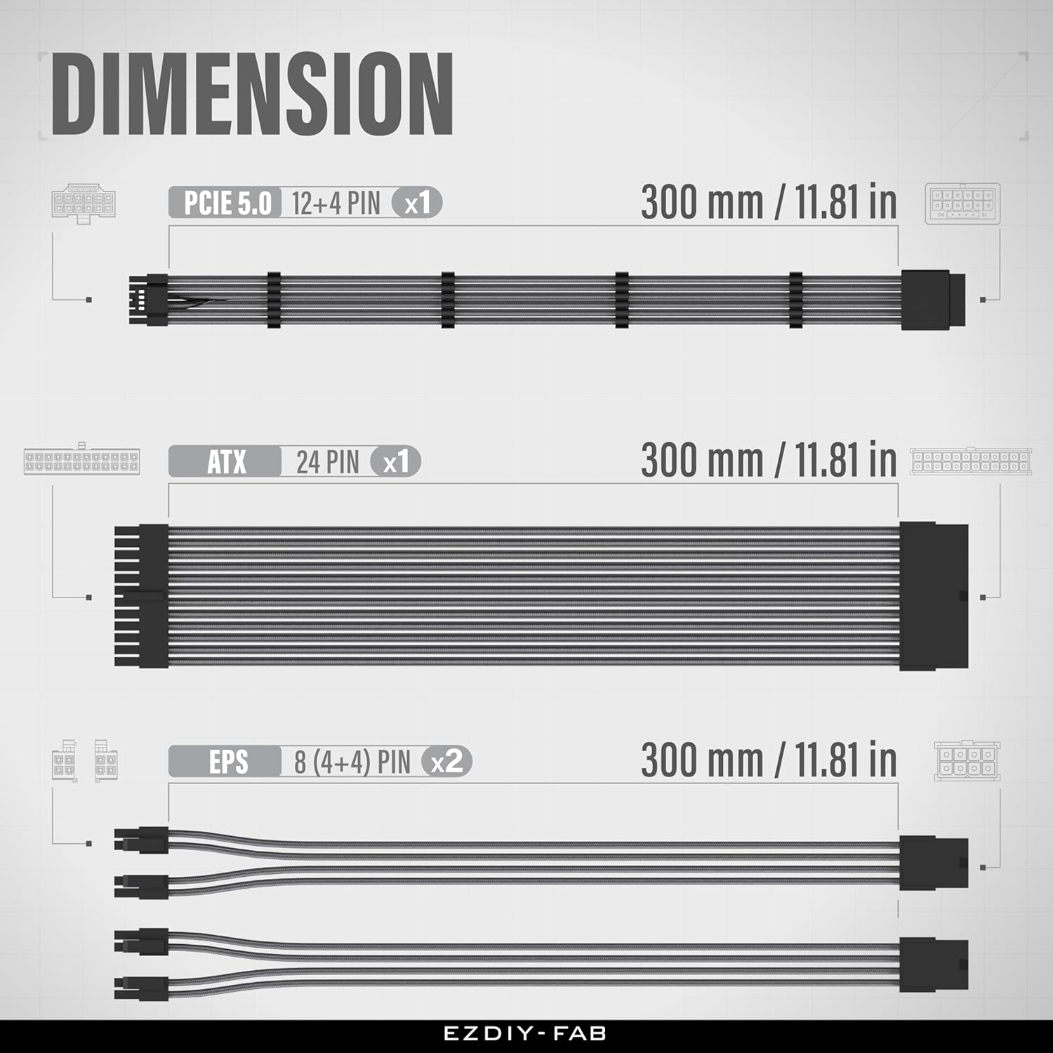 EZDIY-FAB 12VHPWR PSU Cable Extension Kit,16Awg PCIE 5.0 Power Supply Cable Extension- 1X 24 Pin ATX /2X 8Pin (4+4) EPS / 1X12+4 Pin GPU 300MM with Combs-Carbon image number 3