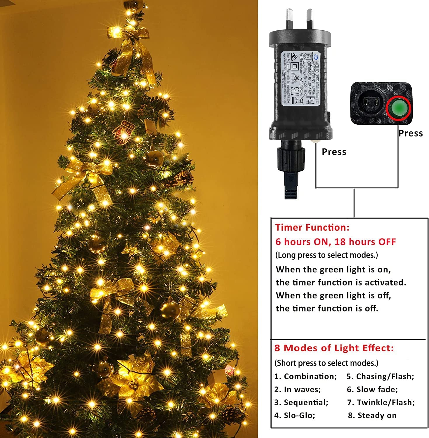 T Tersely 40M/400LED AU Plug in String Fairy Christmas Lights, 31V Low Voltage 8 Lighting Modes, Timer Function, Indoor Outdoor Warm White Dark Green Cable for Decorations Tree Party Wedding Garden image number 3