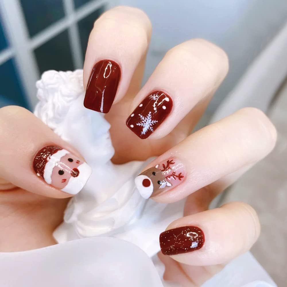 Christmas Press on Snowflake Nails Red Square Fake Nails with Lines Swirl Gingerbread Design Matte Full Cover Glue on Winter False Nails 24 Pcs