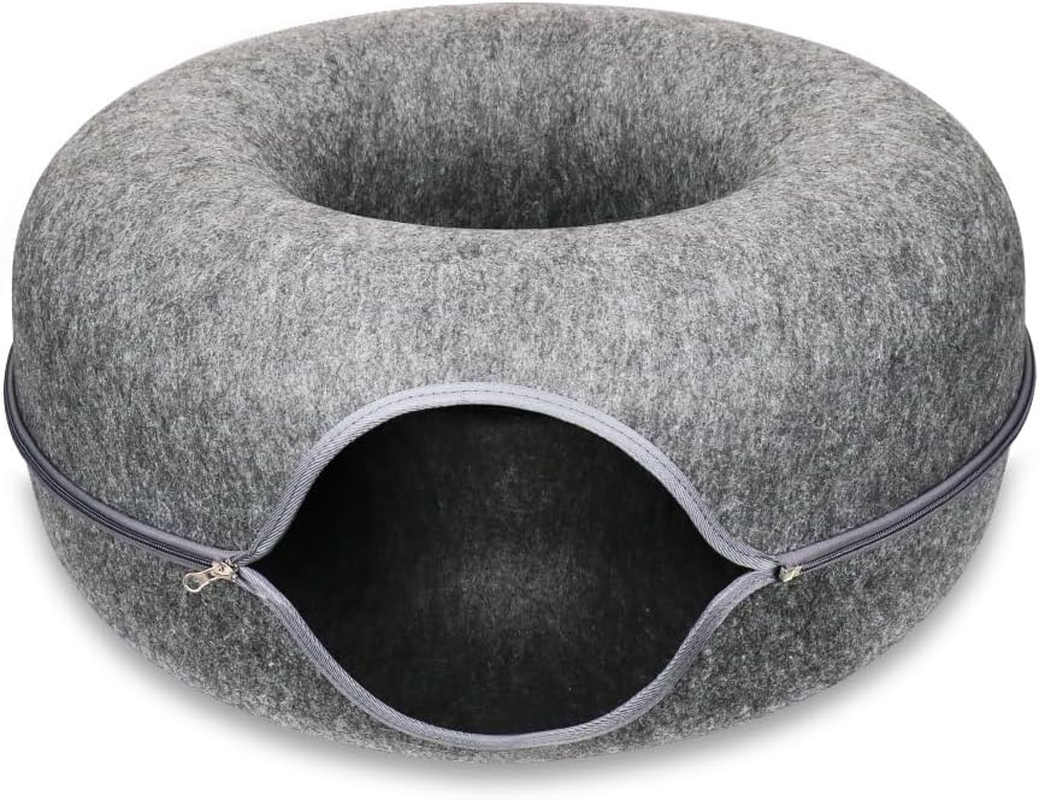VAKA Felt Cat Cave Bed with Zipper &ndash; 59X59X29Cm Donut-Shaped Cat Tunnel Bed for Indoor Cats &ndash; Washable & Detachable Cat House for Multiple Cats, Dark Grey image number 7