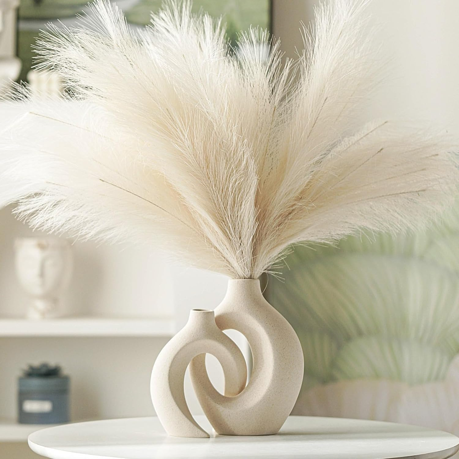 Snuggle Hollow Ceramic Vase Set of 2, Nordic Modern Boho Ins Style Decorative Ceramic Aesthetic Flower Vase for Home Decor (Milky White W 6.3" X H 8.4") image number 5