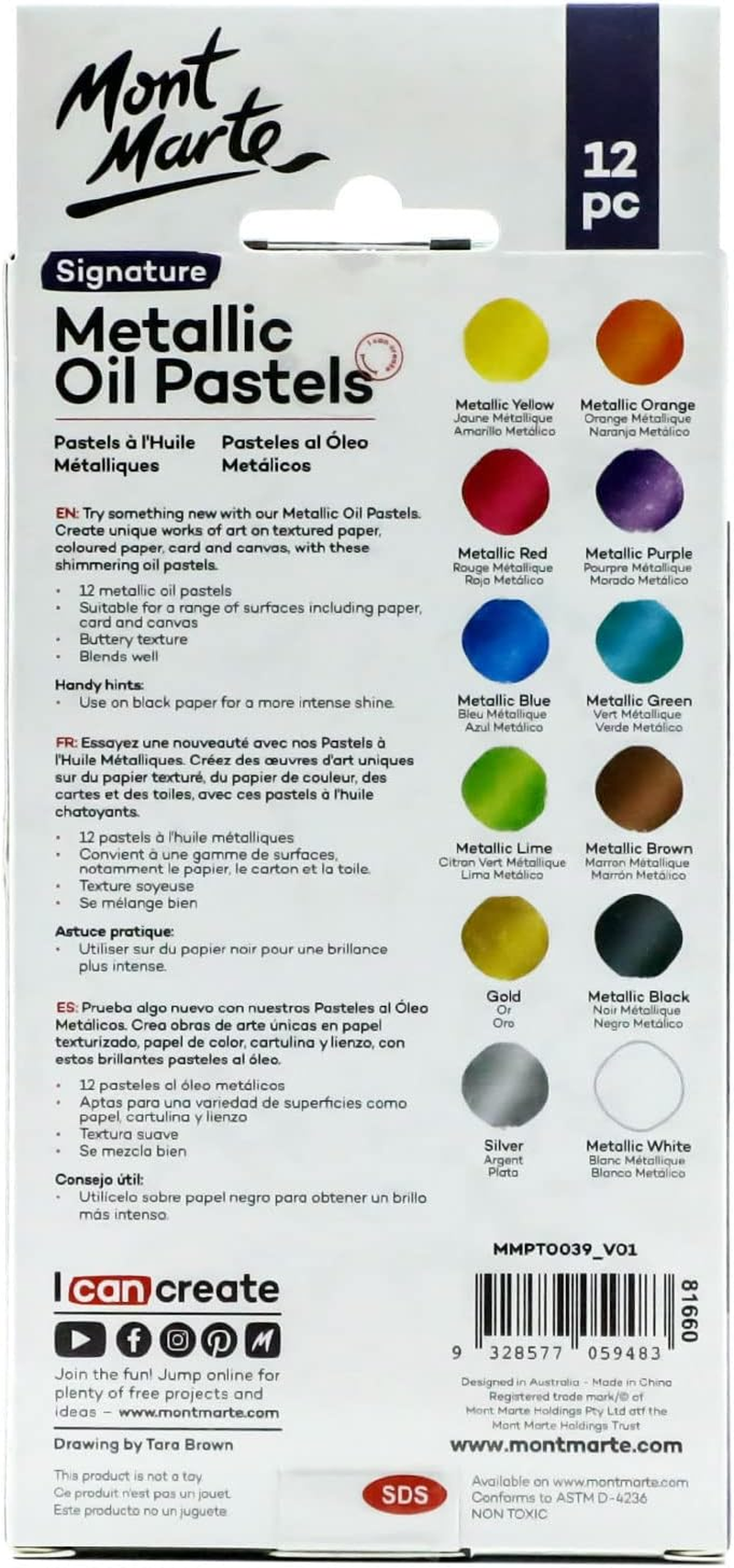 Mont Marte Metallic Oil Pastels Signature 12Pc, Assorted Metallic Colours, Vibrant and Buttery, Versatile Art Pastels for Blending, Layering & Shading, Ideal for Art, Craft, Colouring and Sketching image number 1