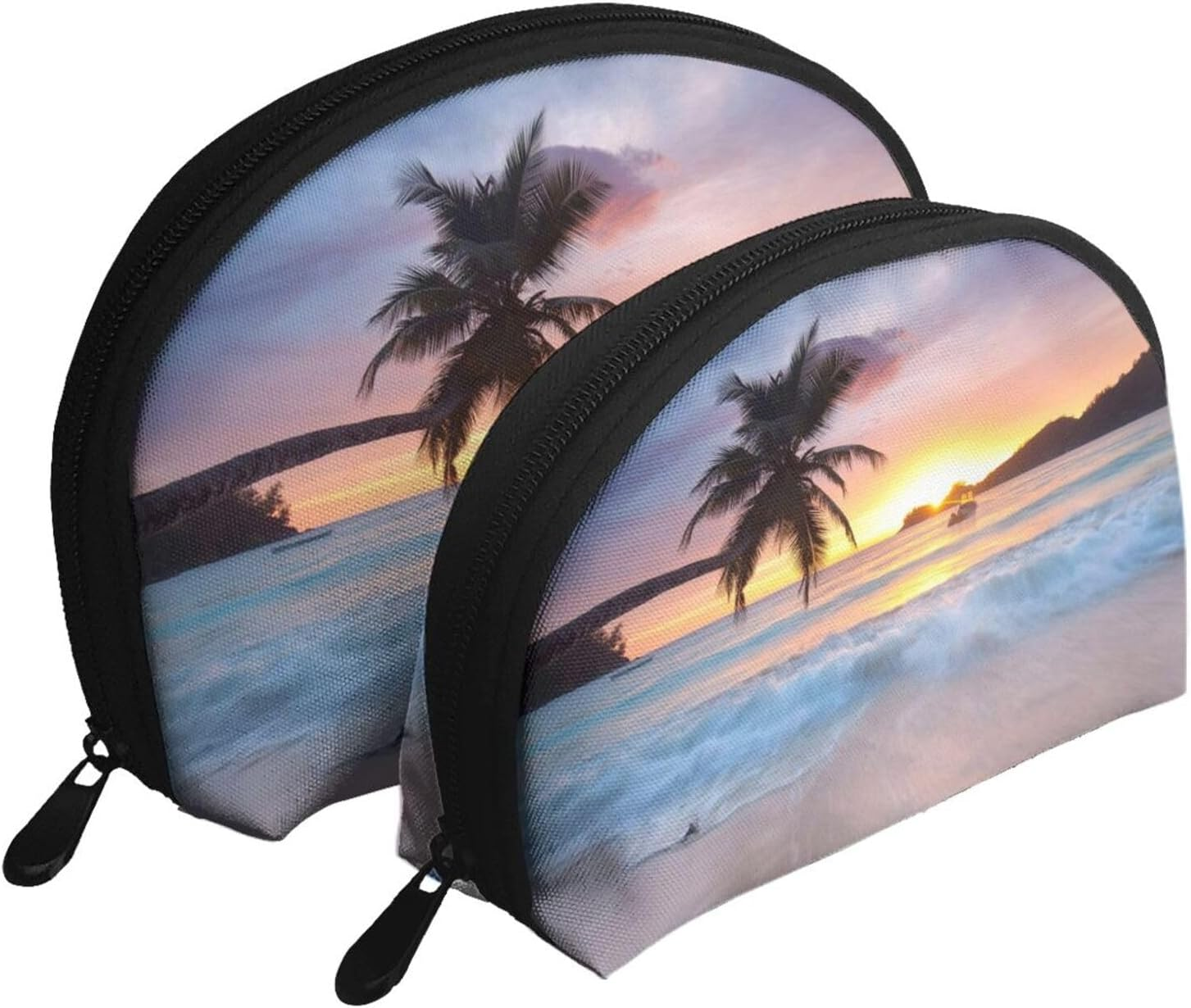 Cozimangoe Coin Pouch Makeup Bags Set, 2 Piece Shell Shape Cosmetic Bag with Pockets for Daily Travel Handbag Lipstick Keys Toiletry, Personalized Sunrise Tropical Palm Tree Island image number 3