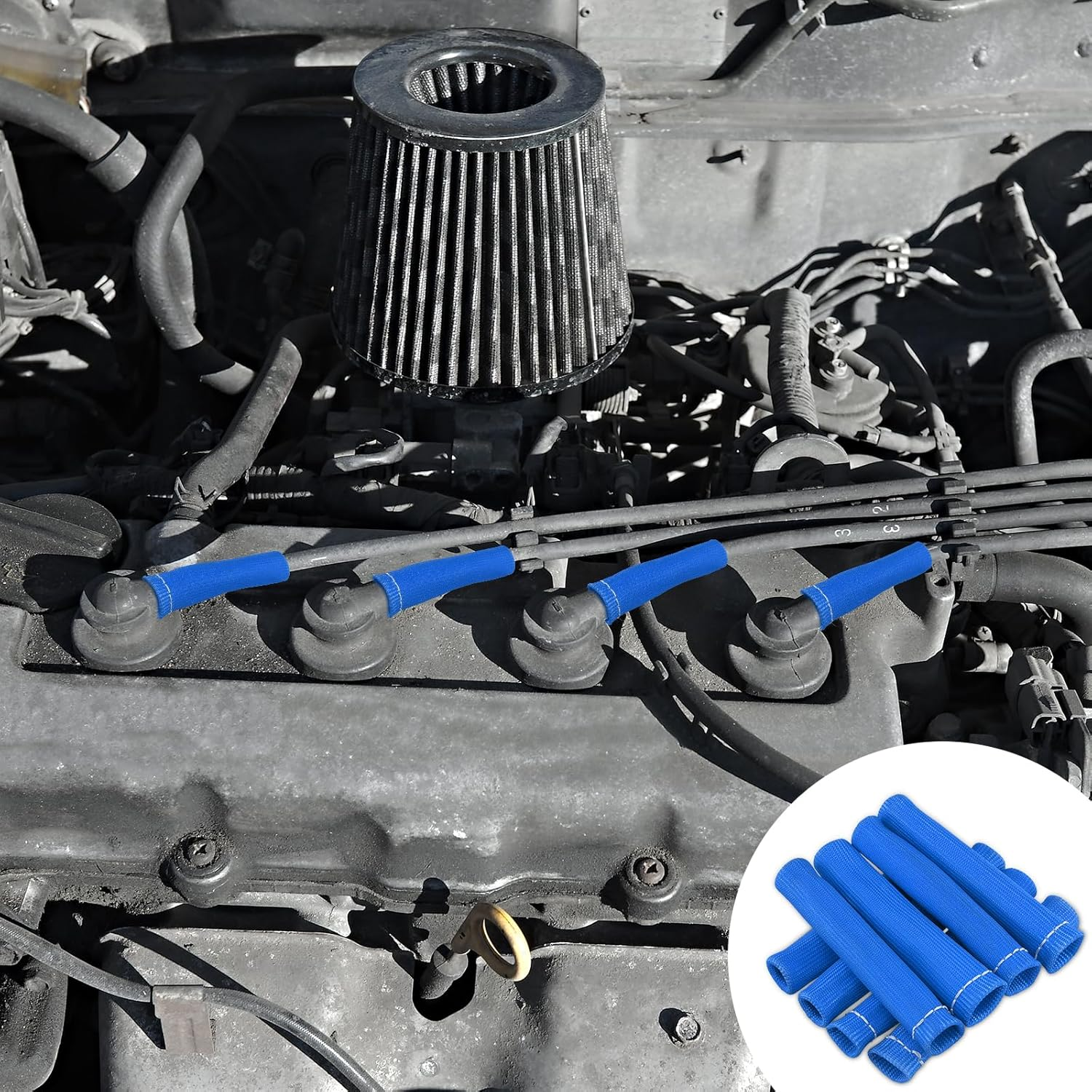 8Pcs Spark Plug Wire Heat Shield for Ford Chevrolet, 5.51X1.46In 2500 Degree Spark Plug Heat Boot Cover Protector Replacement Plug Wire Heat Protection Sleeve for LS1 / LS2 SBC BBC 350 454(Blue) image number 5