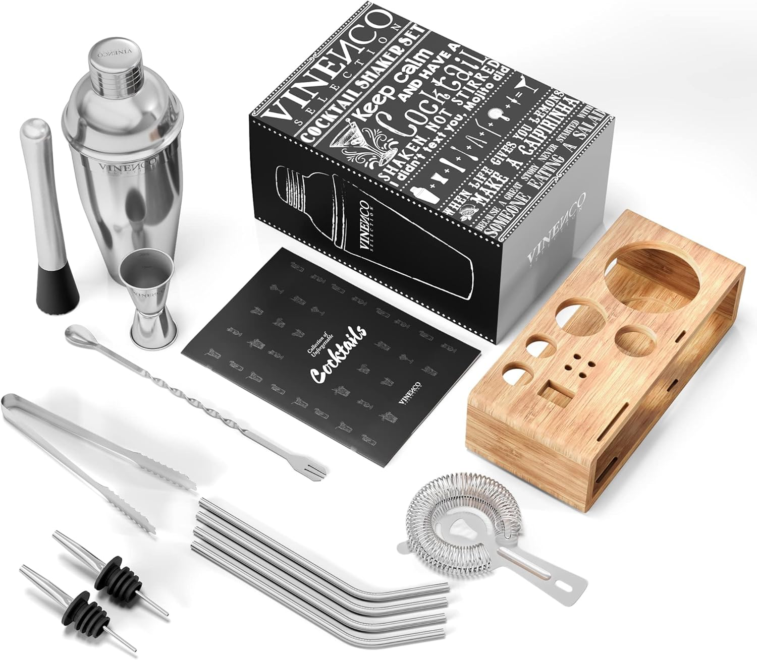 Cocktail Shaker Set with Stand + Recipes | Premium Stainless Steel Bar Kit: Strainer Double Jigger Mixing Spoon | Pro Bartender Making Drinks - Mojito Martini Gin Tonic Maker Party Gift Box, Women Men image number 1