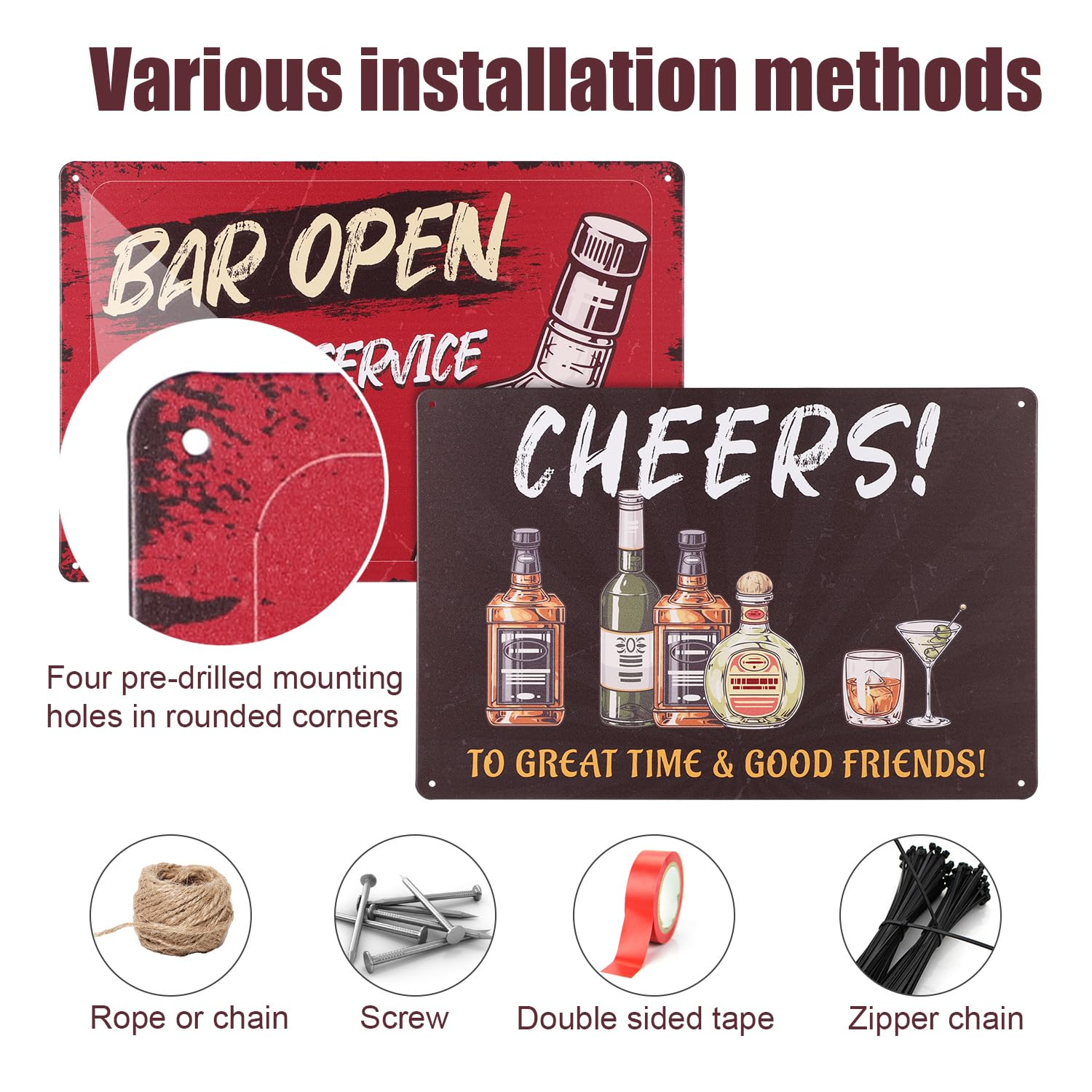 NQEUEPN 2Pcs Bar Signs, 8X12In Bar Open Sign & Cheers Sign Cheers to Good Time & Good Friends Metal Home Bar Decor Vintage Pub Decorations Funny Gifts for Home Retro Bar Shop Cave Wall image number 3