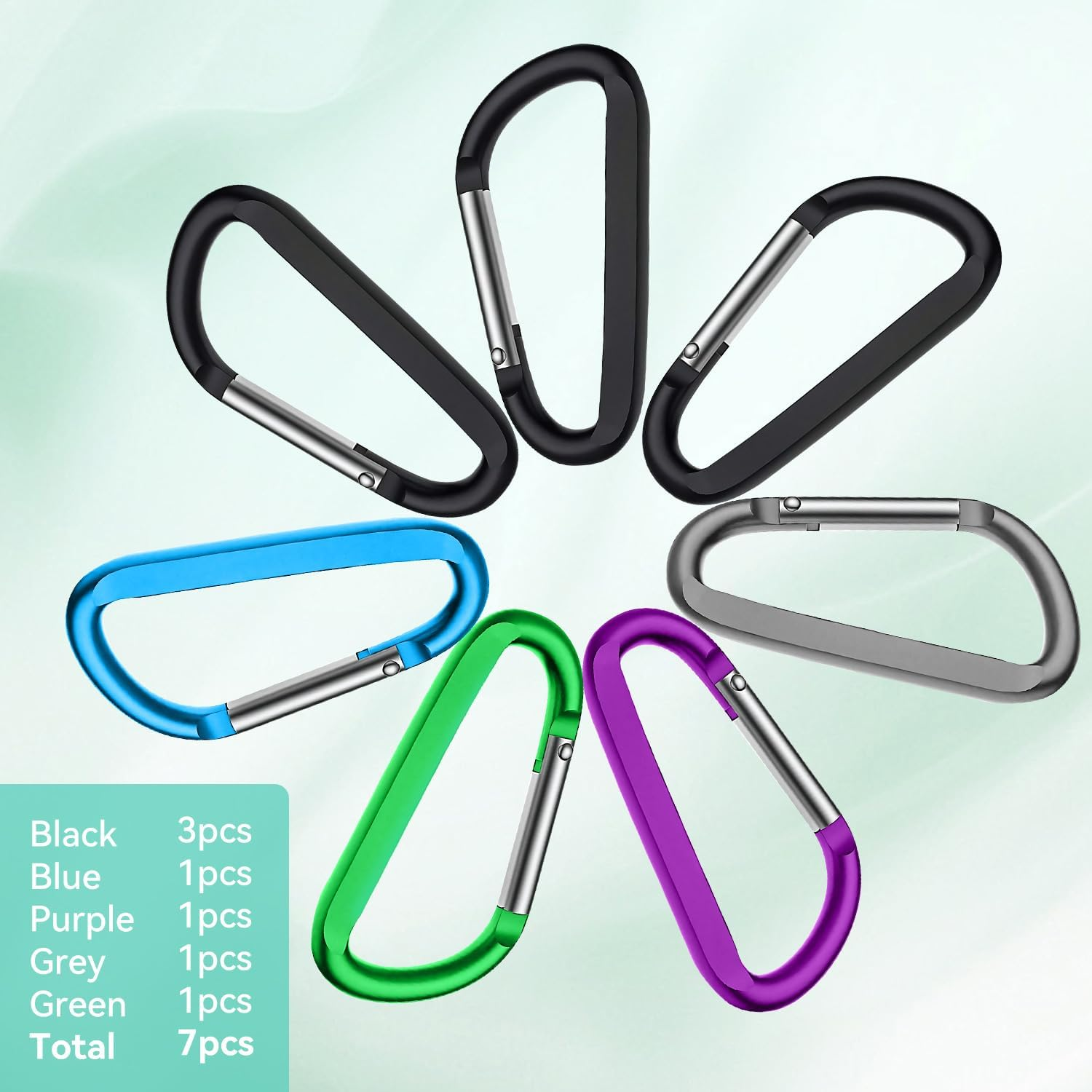 7 Pack 3"/76MM Aluminum Carabiner Clips D Ring Shape Carabiner Keychain Spring Snap Hook with 7 Key Rings for Outdoor, Camping, Hiking, Fishing, Home RV, Traveling