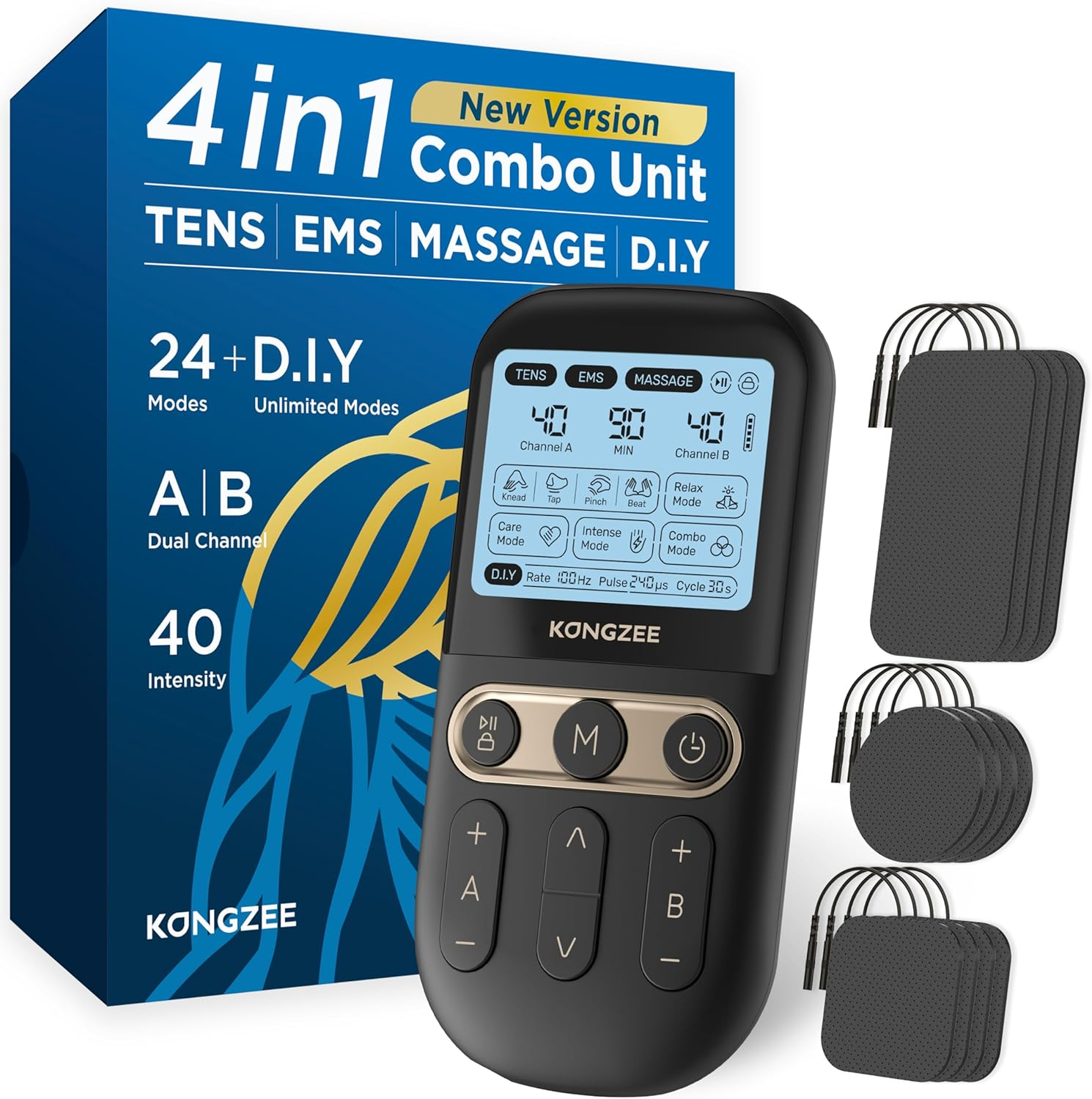 4 in 1 - D.I.Y & Tens Unit & EMS & Massage Muscle Stimulator, Dual Channel TENS Units Therapy Machine Rechargeable Electronic Pulse Massager for Foot/Back,With 12Pcs Electrode Pads.