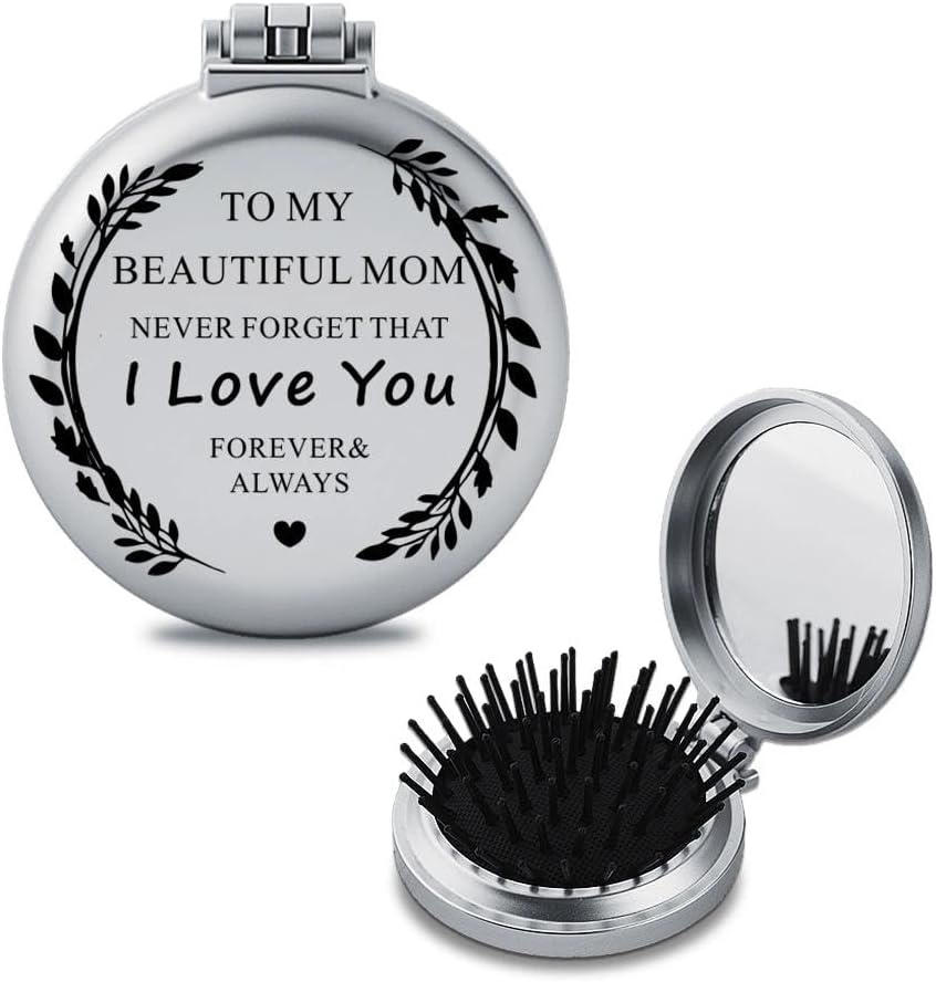 To My Beautiful Mom Folding Makeup Comb Mirror for Mother Portable Travel Pocket Compact Mirror with Comb for Mommy Mama Thoughtful Christmas Birthday Gift from Daughter Son