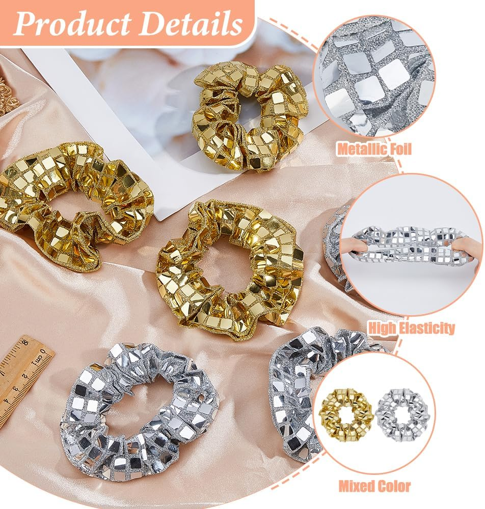 Hobbspring 12Pcs Polyester Scrunchy Hair Ties Plastic Paillette Mirror Disco Sequin Hair Scrunchies Elastics Glitter Silver&Gold Retro Ponytail Holders for Women Bachelorette image number 1