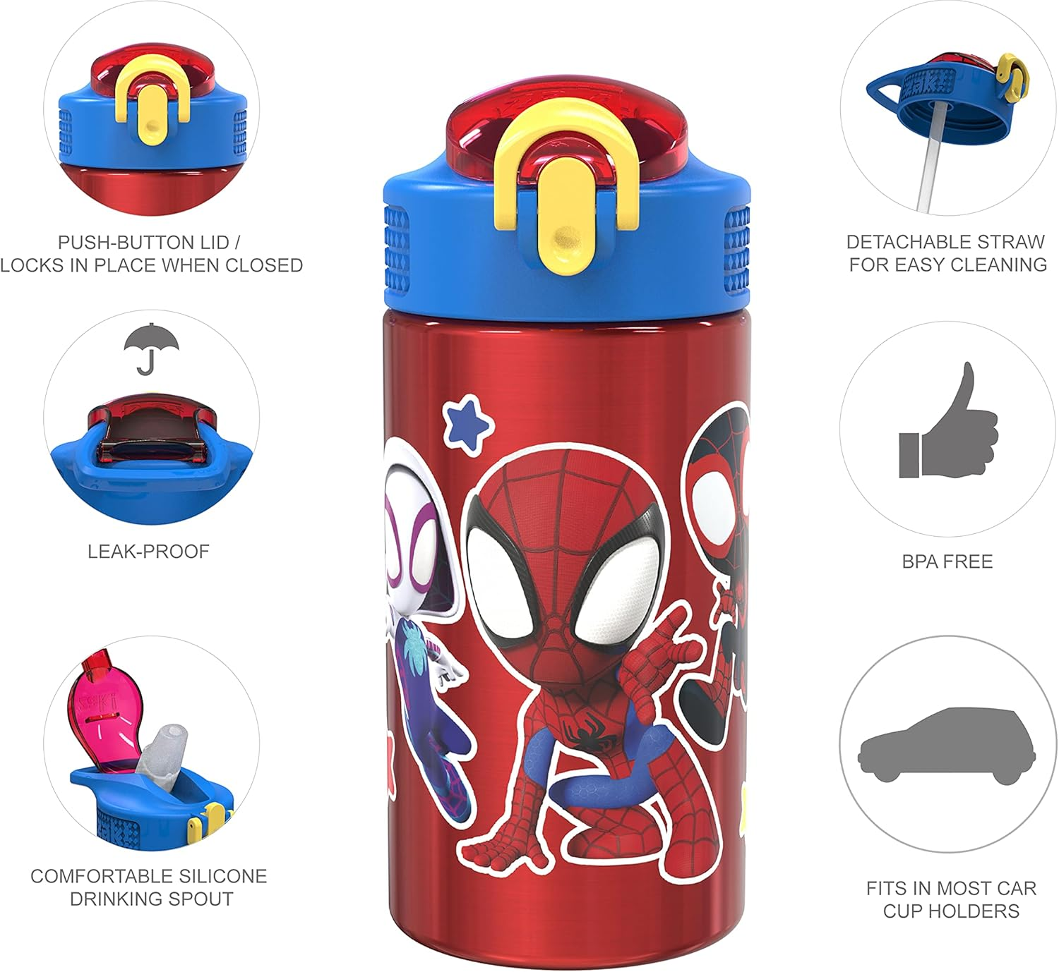 Zak Designs Marvel Spider-Man 18/8 Single Wall Stainless Steel Kids Water Bottle, Flip Straw Locking Spout Cover, Durable Cup for Sports or Travel (15.5Oz, Non-Bpa, Spidey and His Amazing Friends)