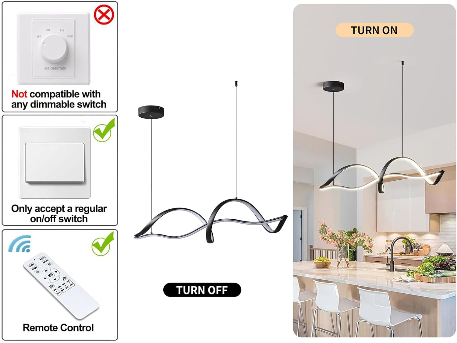 GEADI Modern LED Pendant Light, Dimmable Linear LED Chandelier, 110Cm Wave Kitchen Pendant Lighting over Island, Adjustable Hanging Light Fixture for Dining Room, 3000K-6000K - 40W/Black Wave image number 5