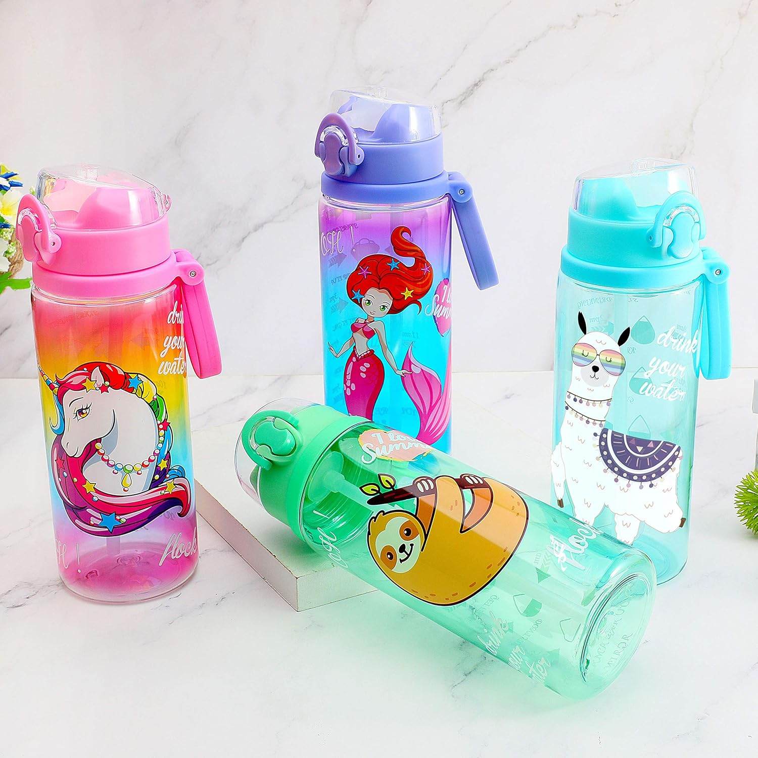 Home Tune 23Oz Kids Water Drinking Bottle - Tritan BPA Free, Wide Mouth, Auto Flip Cap, Secure Lock, Easy Open, Lightweight, Leak-Proof Time Marker Water Bottle for Girls & Boys - Llama image number 3