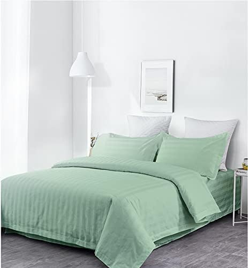 Lasin Bedding, Luxury Super Soft 100% Cotton Duvet Cover Pillowcases Fitted Sheet Set, Stripe, California King, Green