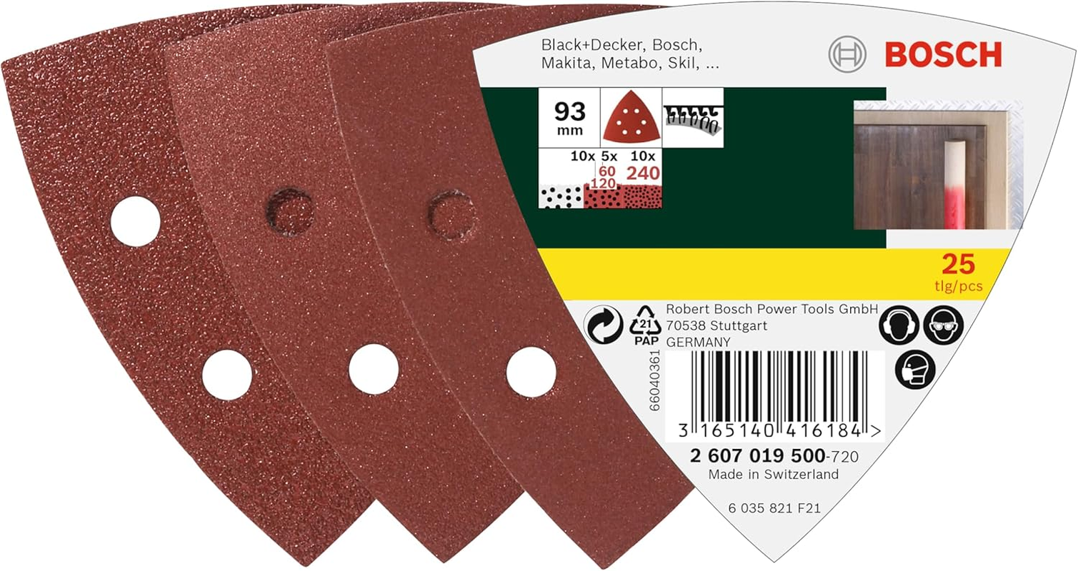 Bosch Accessories 25-Piece Sanding Sheet Set (93Mm, 6 Holes, Grit 60/120/180, Accessories for Delta Sanders)