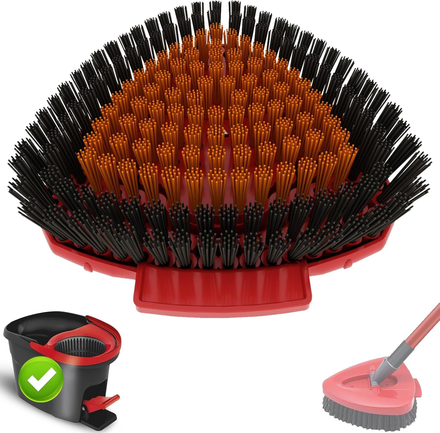 Spin Mop Scrubbing Brush Replacement Head and Base Compatible with Vileda Turbo Mop and Floor Scrubbing Brush Triangle Hard Bristles Cleaning Brush for Bathroom Kitchen Pool Garage Patio (Red-1 Pack)