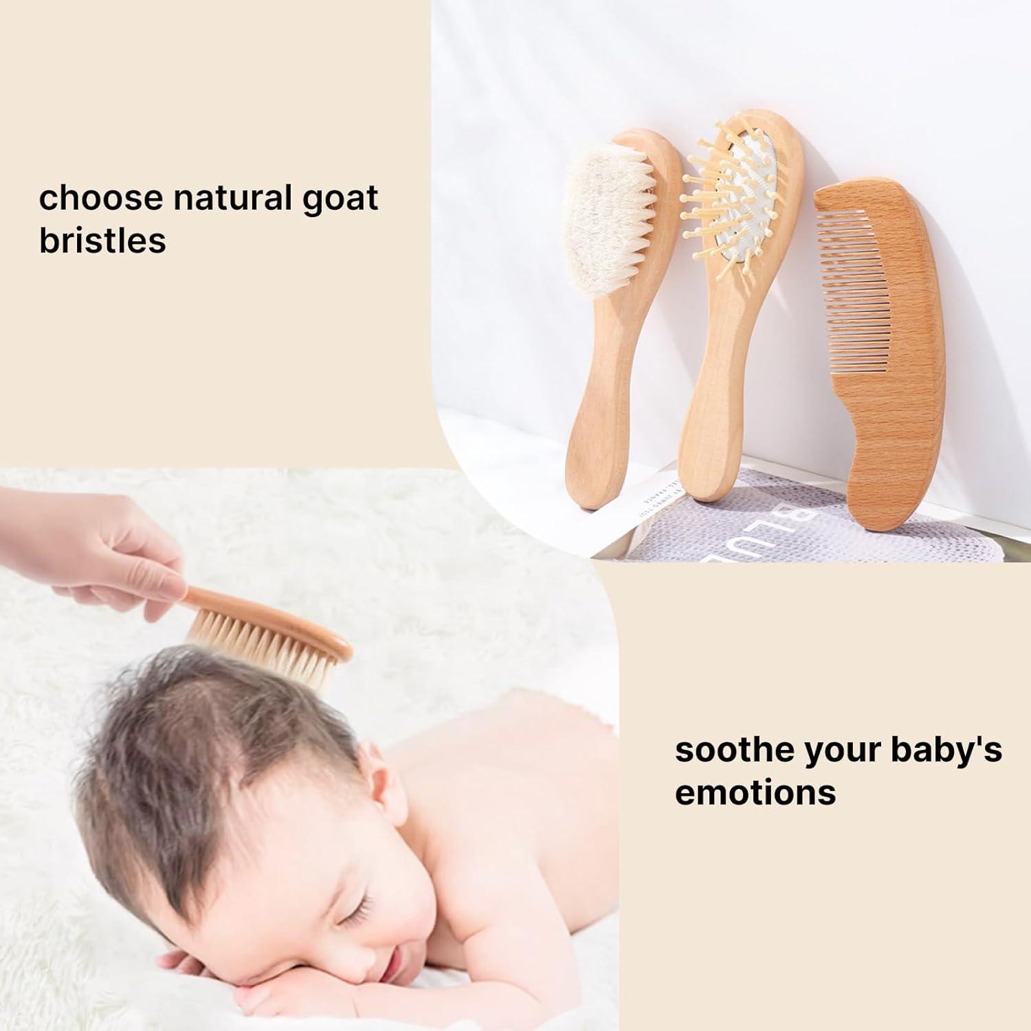 Premium Brush and Baby Comb Set for Newborns and Toddlers Natural Goat Hair Brushes Combs Handmade with Bamboo, Beech Wood, and Pear Wood Infant Hair Care Kit image number 5