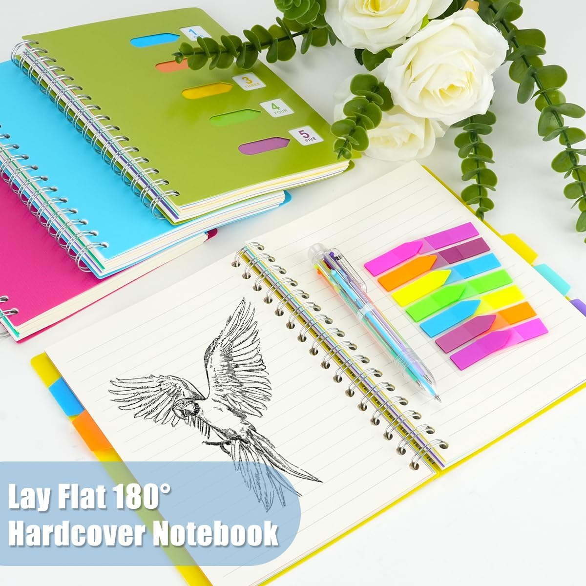 2Pcs 5 Subject Notebook, FHDUSRYO A5 Spiral Notebook with Dividers, Hardcover Notebook Double Wires Journal, 240 Pages Ruled Notebook with Pen Sticky Tab for Work, Home, School, Office (Pink Yellow) - Pink Yellow image number 6