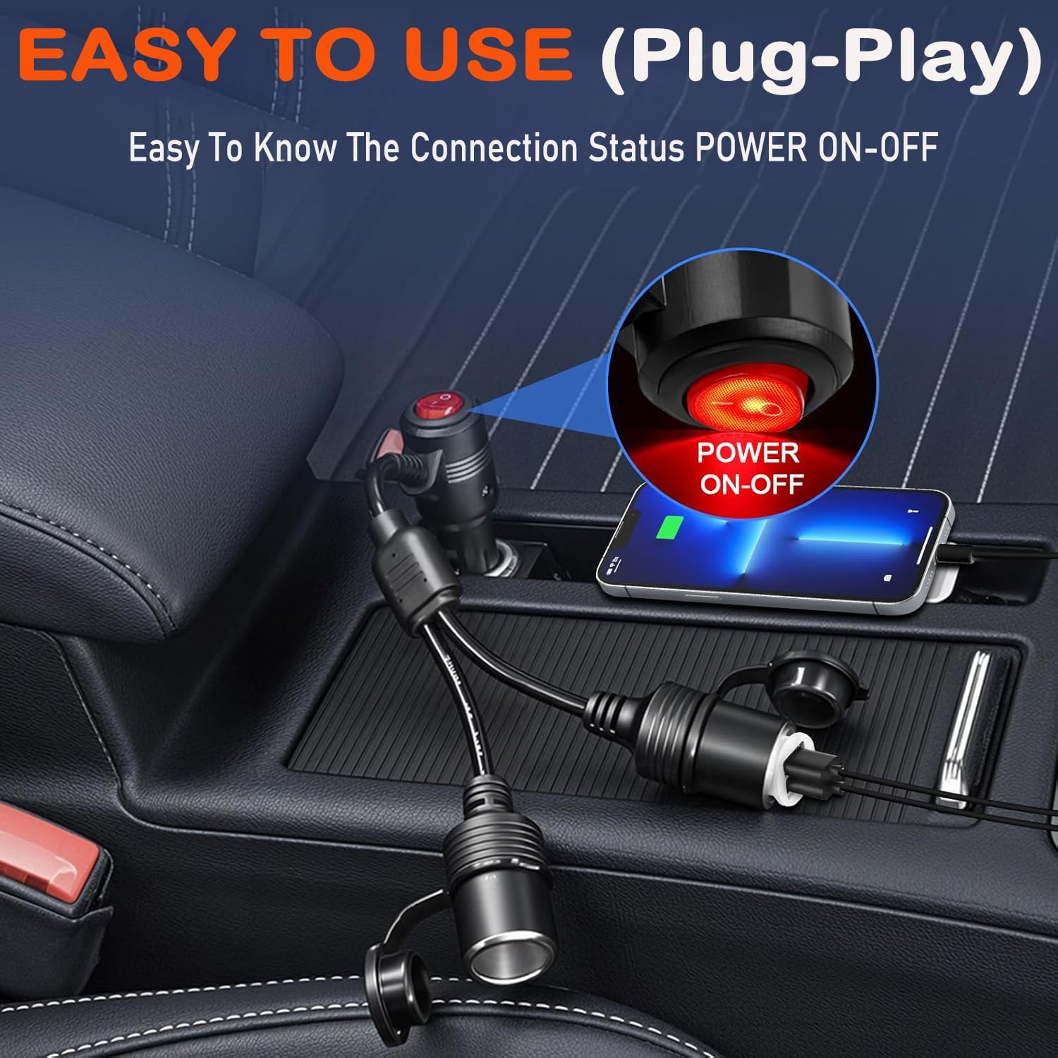 Cigarette Lighter Splitter, 12V Splitter, Dual Cigarette Lighter Adapters for Cars, 12V/24Vcigarette Lighter Plug with on off Switch, Overload Protection and 15A Fuses (Black 2 Ports)