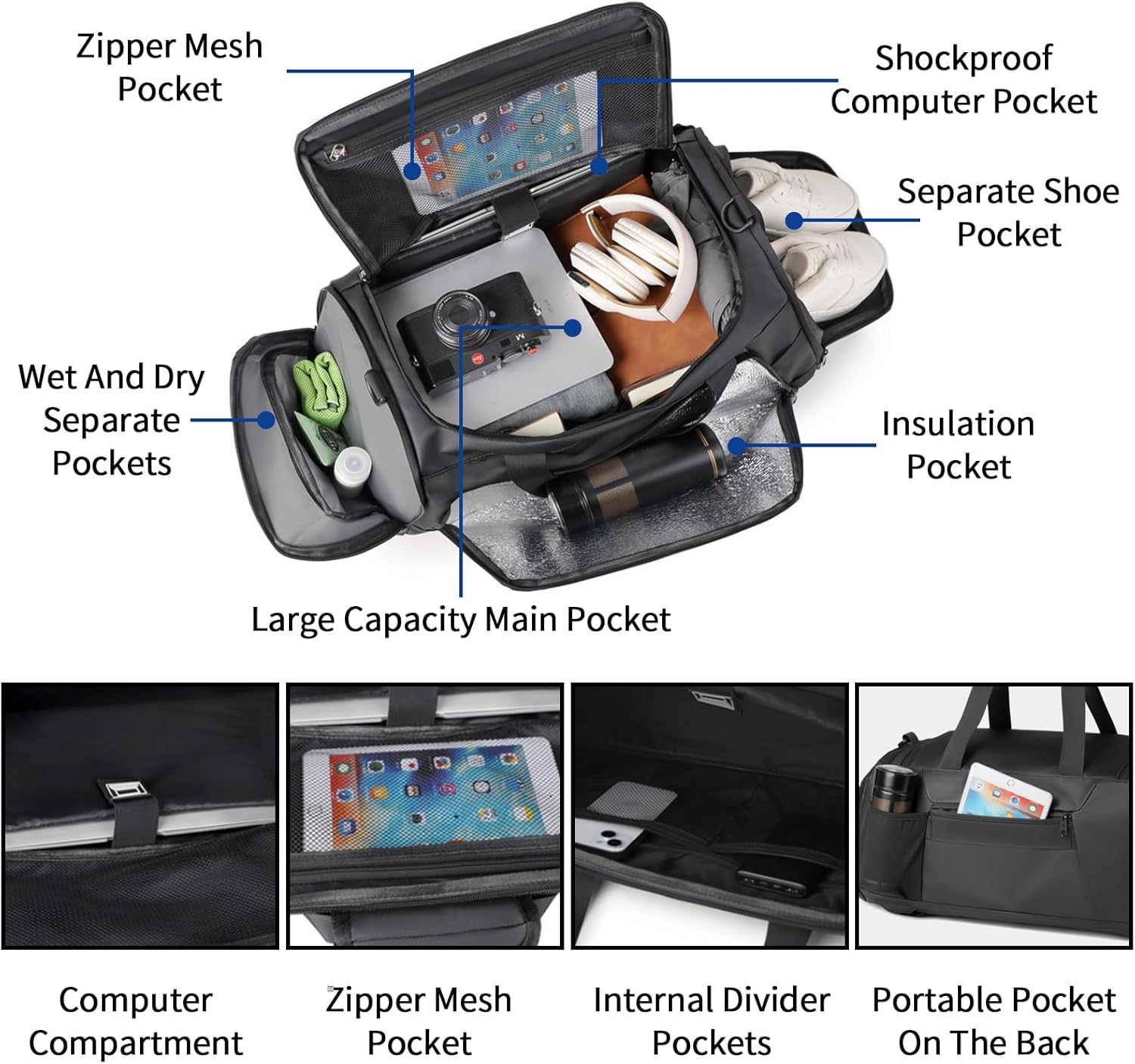 45L Large Gym Bag Sport Duffle Backpack for Men Women, Water Resistant Fitness Sport Tote Bags Travel Weekend Overnight Carry on Bag with Shoe & Wet & Insulation Pocket & Laptop Compartment image number 1