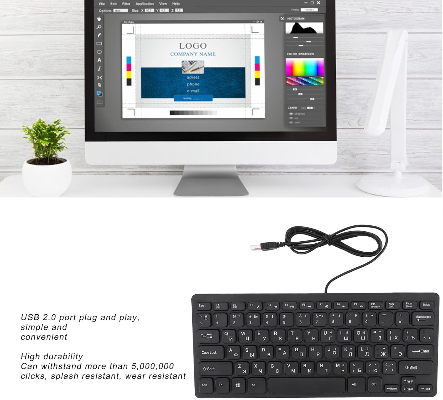 Ultra Slim Russian/Arabic English Bilingual Language Keyboard, 78 Key USB Wired with Scissor Switches, Plug and Play for Desktop PC (Russian) image number 2