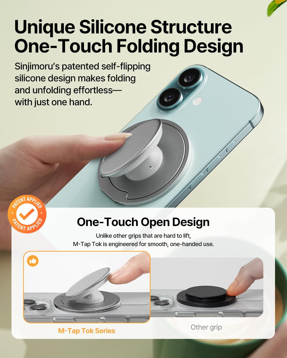 Sinjimoru for Magsafe Phone Grip &mdash; 3000G Magnetic Hold, Soft Silicone Comfort, Metal Plate Included, Iphone 17/16/15/14/13, M-Tap Tok Ring Stand Space Gray image number 5