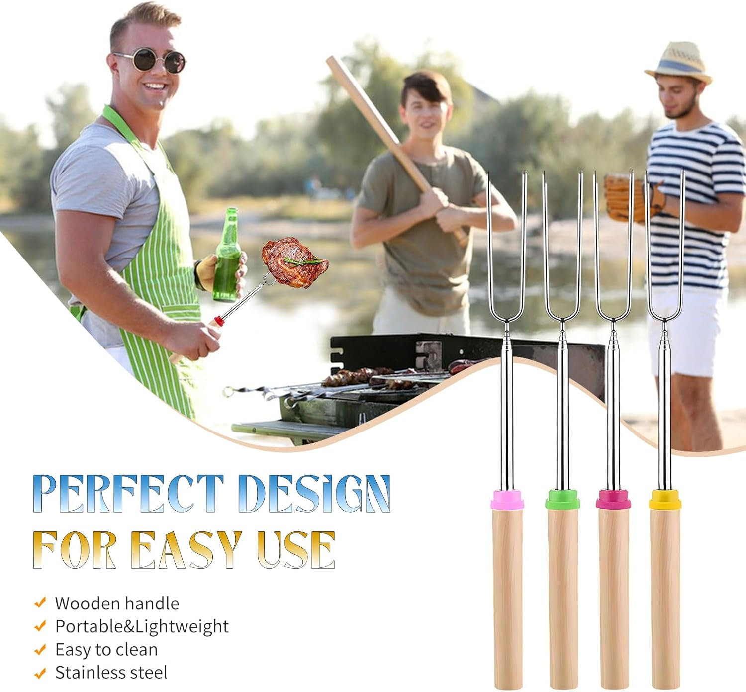 SULIVES 4 Pack Marshmallow Toasting Forks Kit - Extendable Stainless Steel Smores Sticks for BBQ and Campfire - Retractable Outdoor Campfire Accessories for Roasting Marshmallows and Hot Dogs image number 2