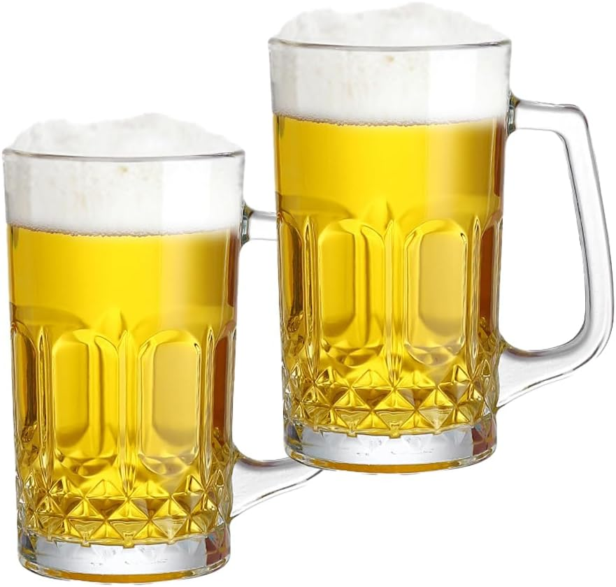 2 Pack Large Glass Beer Cups,570Ml Glass Beer Mug with Handle,Beer Mugs Set,Beer Glasses for Freezer for Freezer, Bar, Cocktail, Alcohol, Beverages