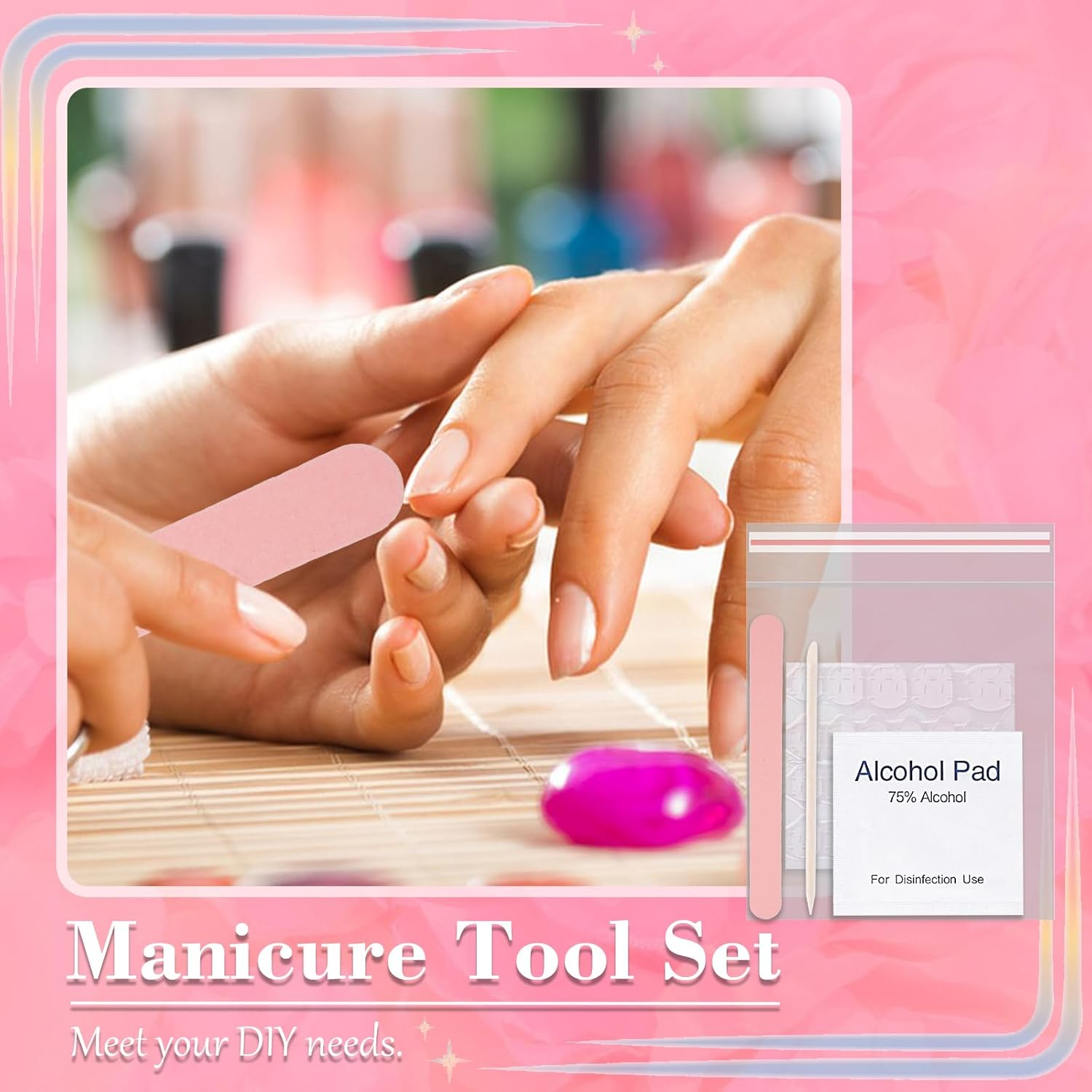 50 Set Disposable Press on Nail Tool Kit, Including 50Pcs Nail File, 50Pcs Prep Pad, 50Pcs Wood Stick, 50Pcs OPP Bag, Manicure Nail Prep Kit for Salon Home (50Pcs-A-Pink)