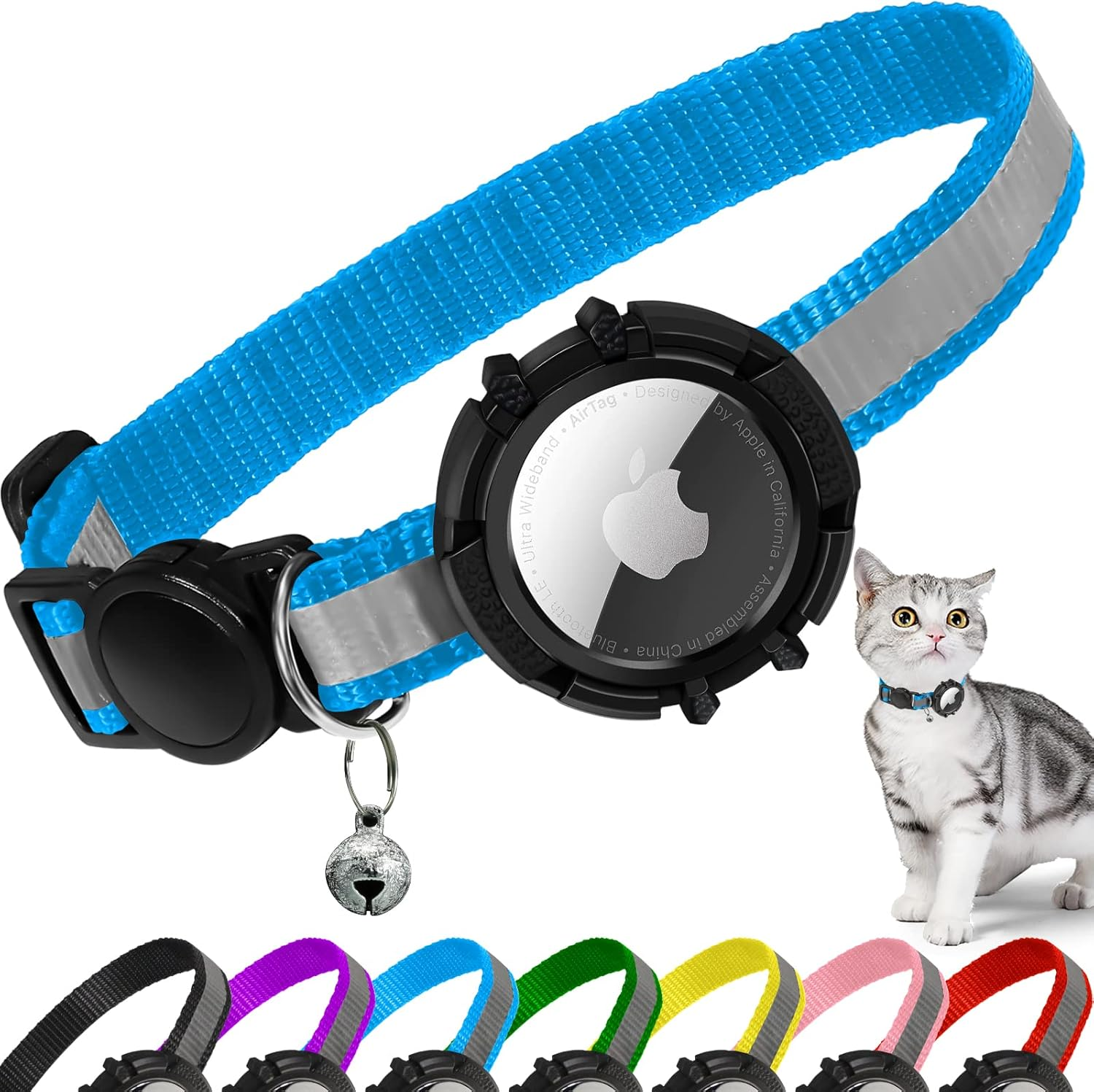 Airtag Breakaway Cat Collar, Reflective Kitten Collar with Apple Air Tag Holder and Bell, Lightweight Tracker Cat Collars for Girls, Boys, Cats, Kittens, Puppies (Blue, S) image number 5