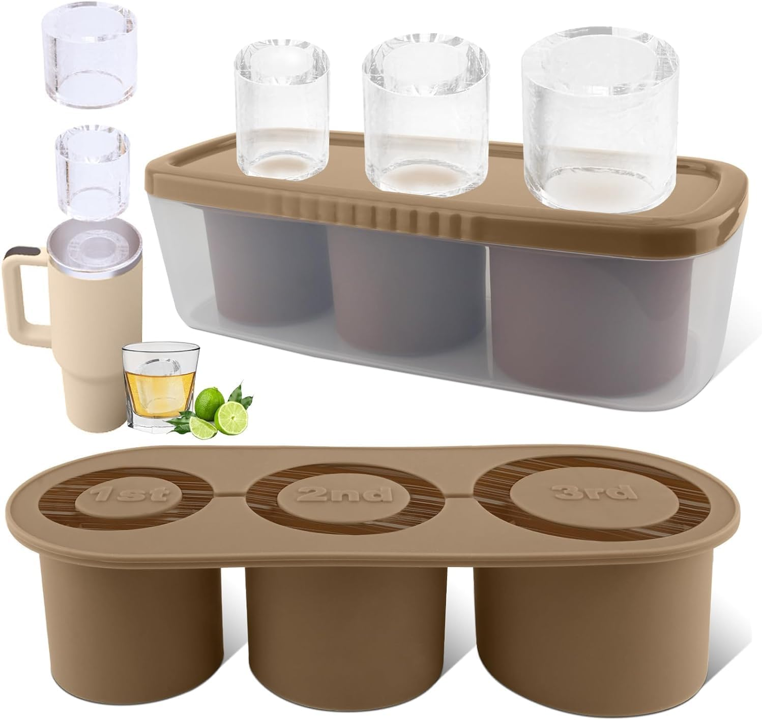 Tcamp Tumbler Ice Mold, Ice Cube Tray with Lid and Bin for 30-40 Oz Tumbler Cup, Silicone Ice Cube Molds for Chilling Cocktails, Whiskey, Drinks, Coffee, Tea, Ice Maker (Brown)