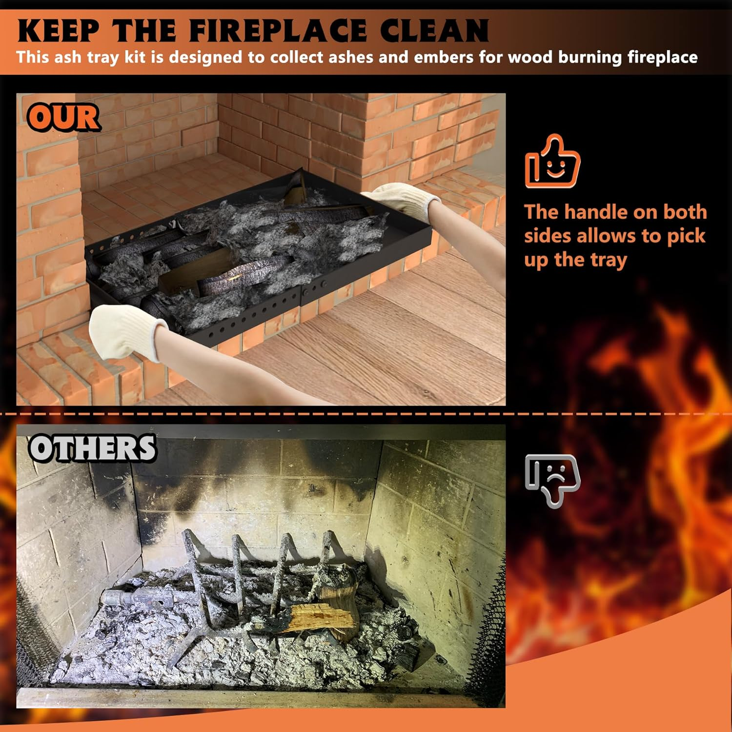 GCGOODS Fireplace Tray with Handles, Expandable Ember Holder Fireplace Pan with 13 Inch Front to Back, Adjustable Ash Pan for Ash Collection, Brush Included for Easy Cleaning, Black, Rectangle image number 6