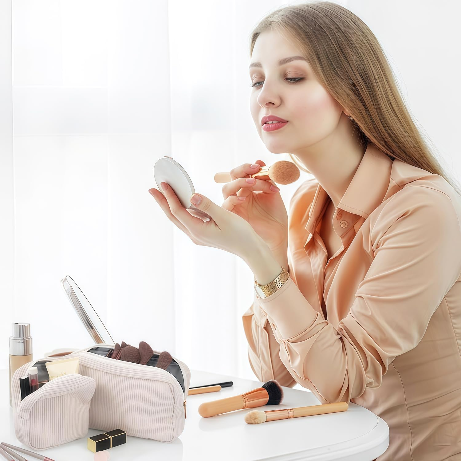 Cosmetic Bags for Women, Small, Small Cosmetic Bag, Cord Makeup Bag, Make up Bag with Compartments and Zip, Travel Cosmetic Bags, 2 Pieces, Beige Cosmetic Bag image number 4