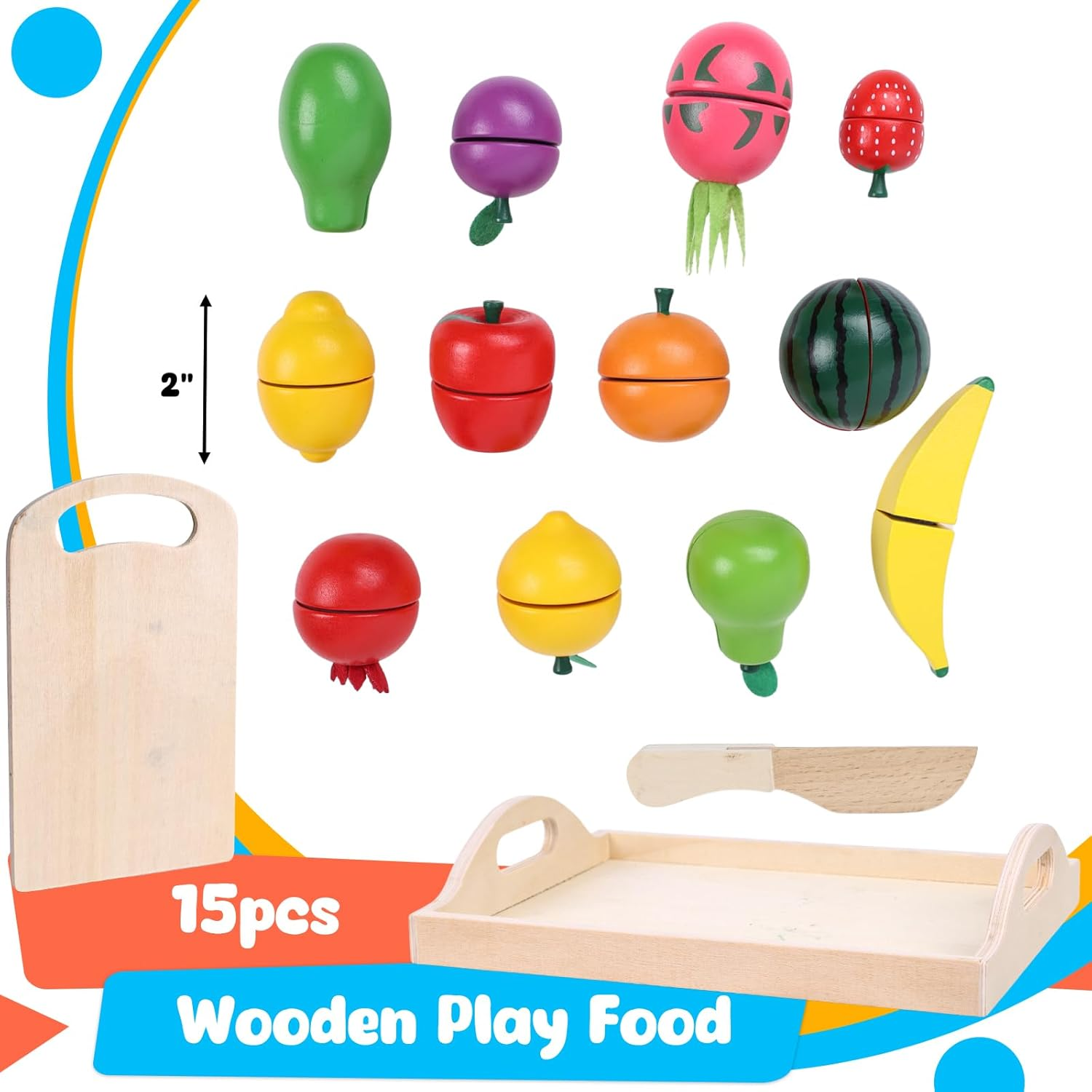 MCPINKY 15PCS Wooden Play Food, Play Kitchen Accessories Food Cutting Toys Montessori Toys for Kids image number 2