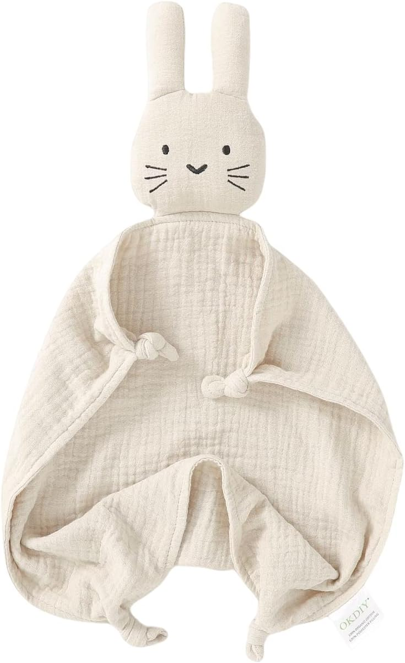 Okdiy Organic Cotton Muslin Lovies for Babies Bunny Lovey,Soft & Breathable Baby Lovey Security Blankets for Babies Boys and Girls Gifts