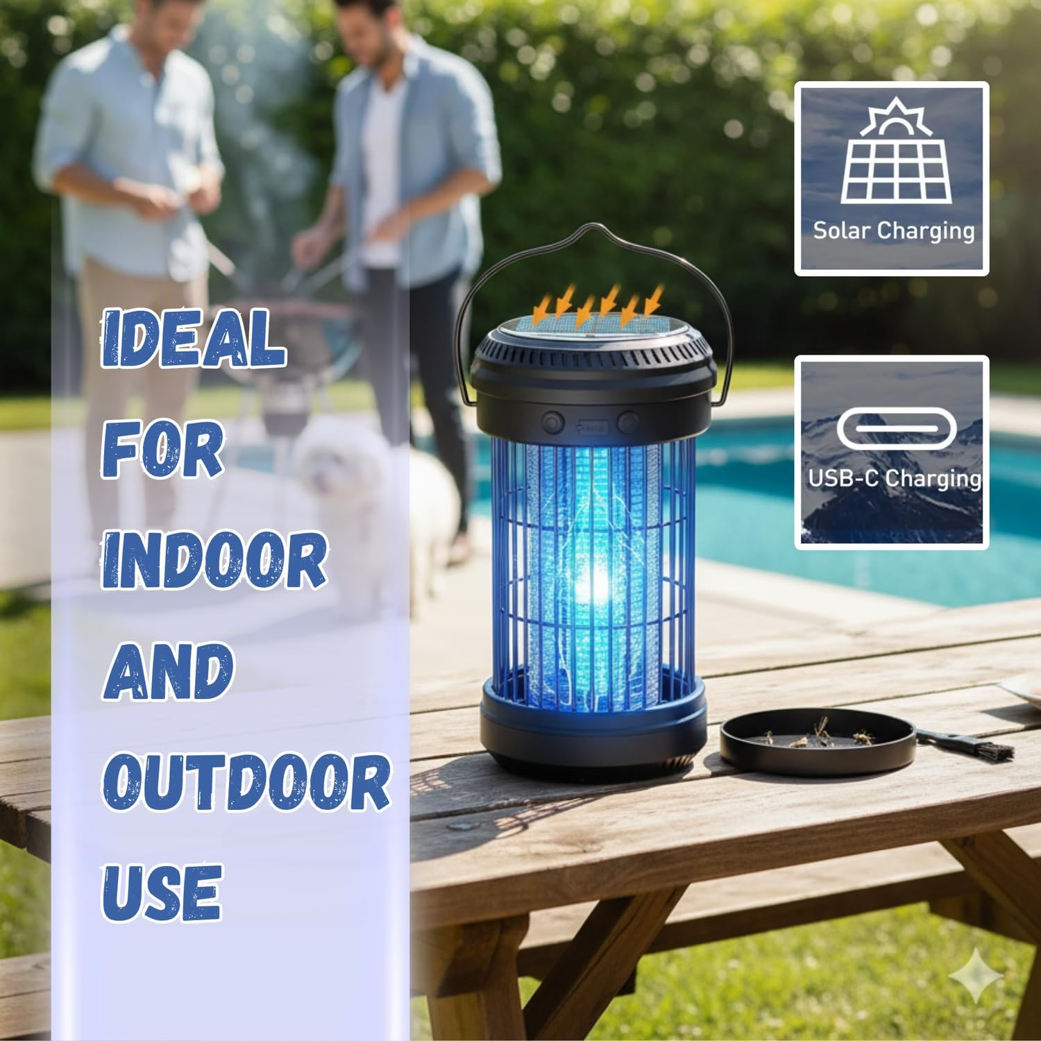 Bug Zapper &ndash; Solar & USB Rechargeable Insect Killer Lamp | 5W UV Light Bulb with 4200V High Voltage Grid for Flies & Mosquitoes | Black | Portable, Eco-Friendly & Powerful Pest Control. image number 3