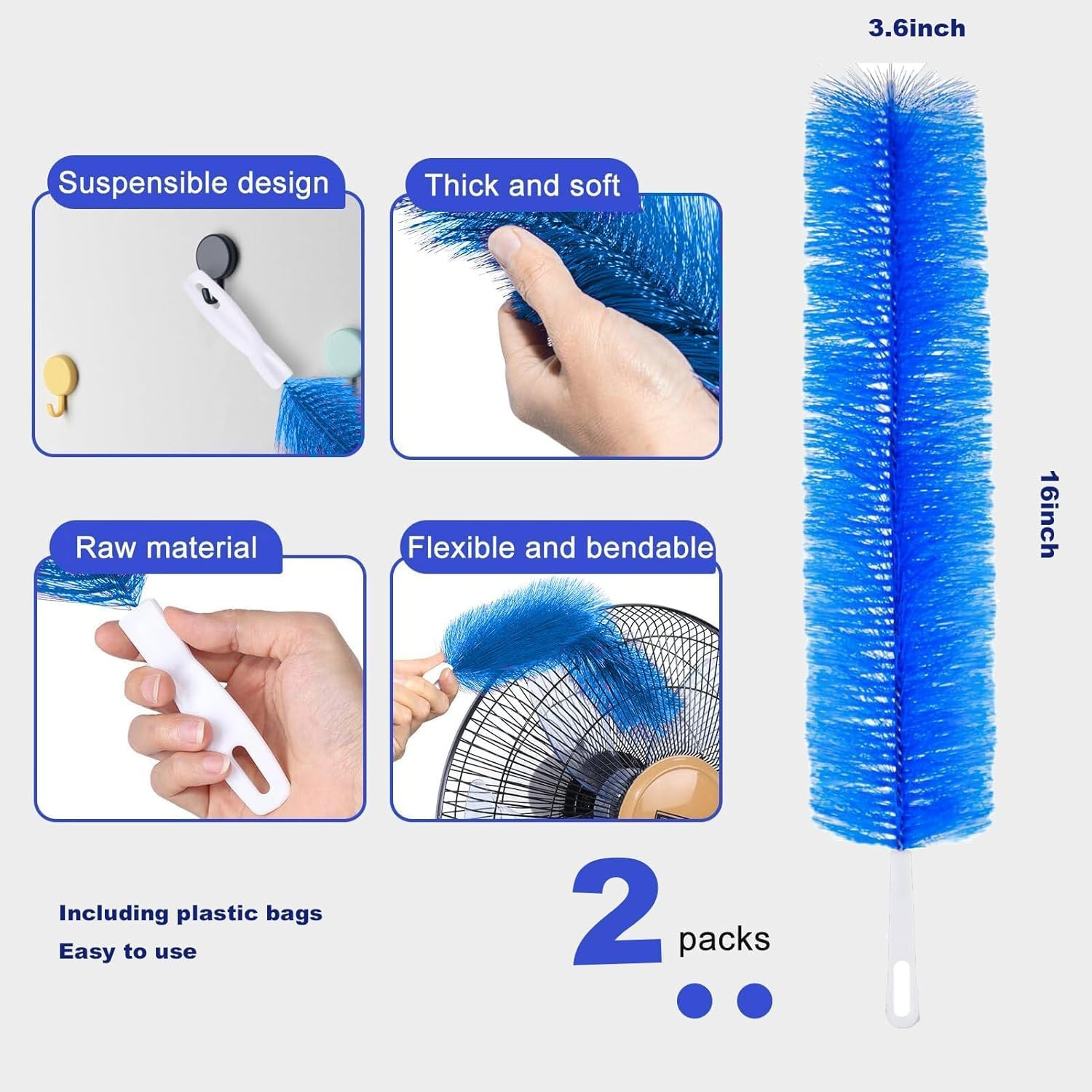 Fan Cleaner Brush，Fan Brush Cobweb Duster Microfiber Duster Ideal for Ceiling Duster, Air Vents, Curtains，Fan Cleaner for Box Fan（2Pcs） (Blue, 42CM) image number 1