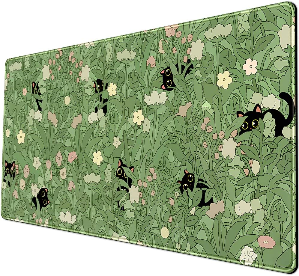 Green Mouse Pad XL Cat Cute Plant Cool Keyboard for Desk, Mat Kawaii Black Flower Desk Decor with Stitched Edges Non-Slip Large Computer 31.5X15.7In, B-Cat in the Meadow image number 2