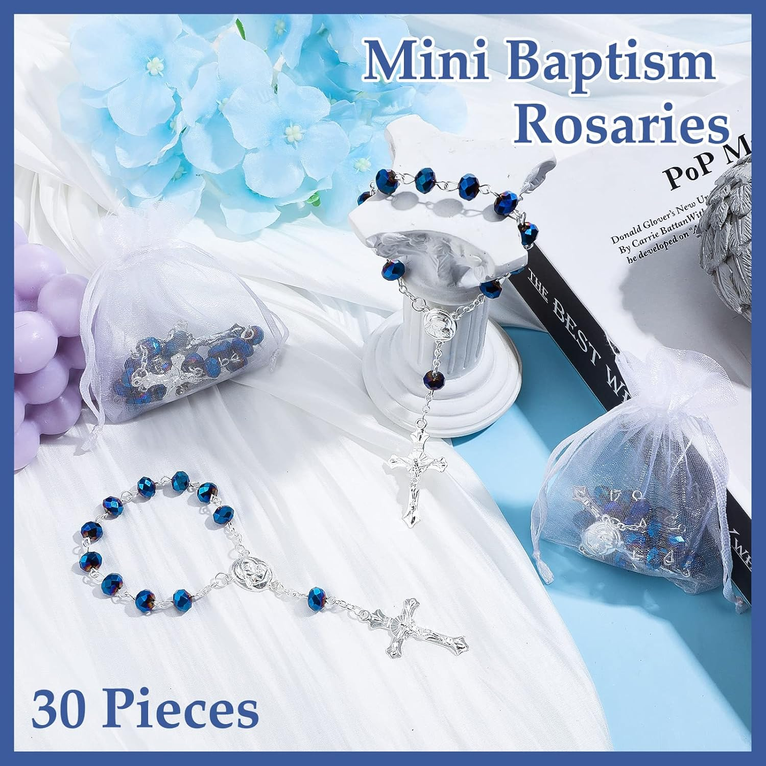Yinkin 30 Pieces Catholic Mini Rosaries for Baptism Favors, Party Guests with 30 Organza Bags for Christening, Weddings, First Communion Gift (Blue), 7 image number 4
