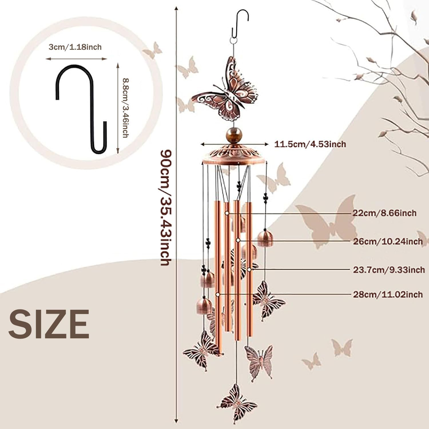 Yqkangzhu Butterfly Wind Chimes for Outdoor, Butterflies Aluminum Tube Windchimes with S Hook, Patio Porch Garden Decoration Metal Wind Bell for Mother'S Day Christmas New Year Birthdays Housewarming