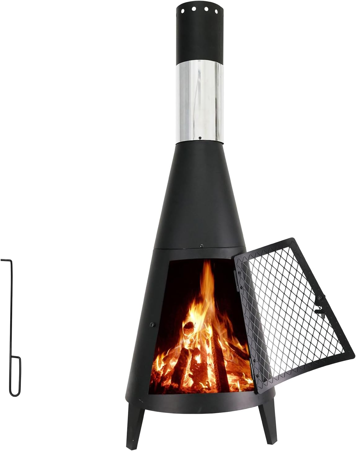 BDL Chiminea Outdoor Fireplace Outdoor Wood Burning Fire Pit Free Standing Fireplace with Log Grate, Mesh Screen for Patio, Backyard, Garden-Black image number 5