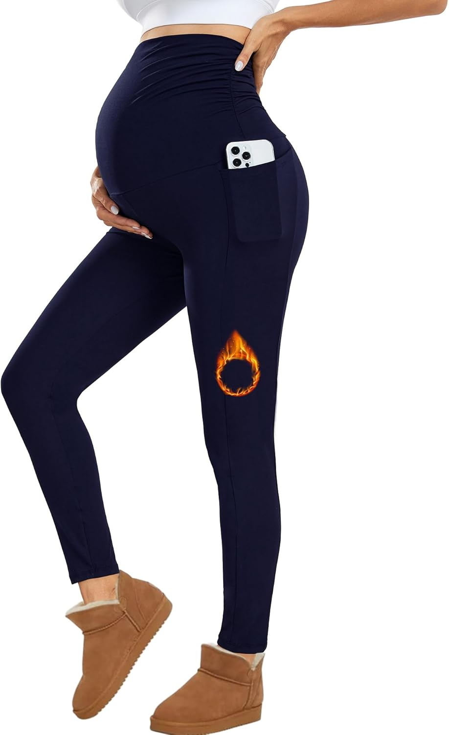 Women'S Maternity Leggings with Pockets High Waistband Pregnancy Leggings Opaque Elastic Maternity Leggings for Pregnant Women, Thermal Blue, M image number 3