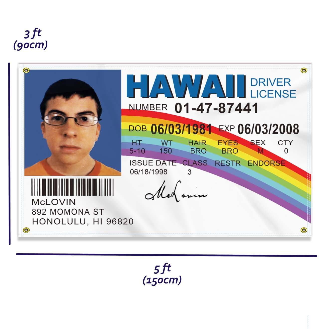 Large 3&times;5 FT Mclovin ID Flag, Big Fake Driver License 100D National Banner,Decor Garden with 4 Brass Gromment image number 2
