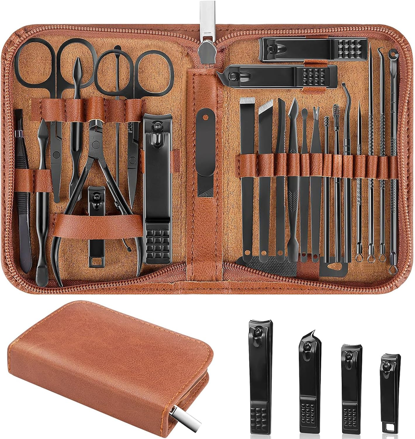 Luck around Manicure Set, Professional Nail Clippers Pedeicure Kit 26 Pieces Nail Care Tools for Travel & Grooming (Brown)