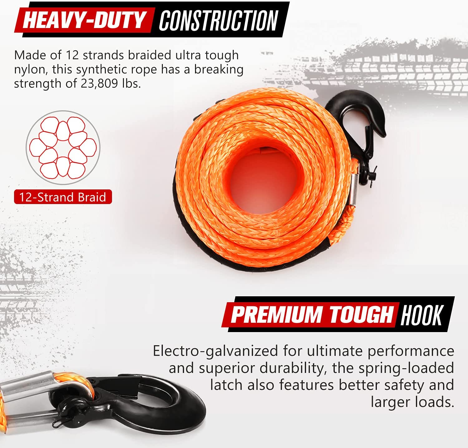 Fieryred Synthetic Winch Rope 30M, 23,809LBS/10,800KG Load Capacity, Winch Line Cable 10MM Diameter with Steel Hook UV Resistant Nylon Protect Sleeve for ATV UTV SUV (Orange) - Orange image number 5