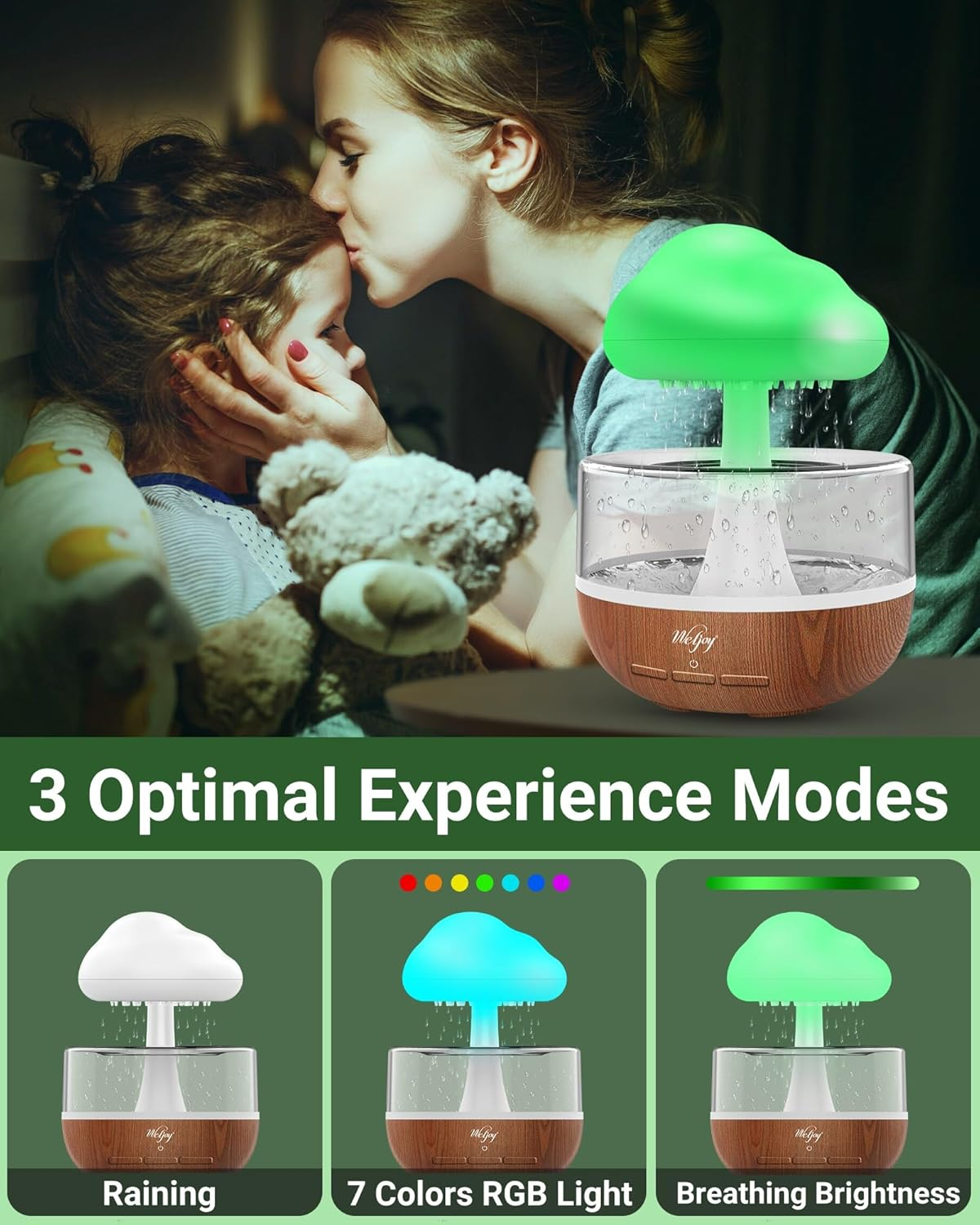 Weljoy Zen Raining Cloud Night Light Aromatherapy Essential Oil Diffuser Micro Humidifier Desk Fountain Bedside Sleeping Relaxing Mood Water Drop Sound (Light Wood Pattern) - Light Wood Pattern image number 5